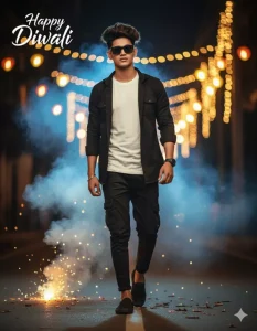Stylish Young Man Festive Walk – Ultra-Realistic 4K Diwali Portrait with “Happy Diwali” Text